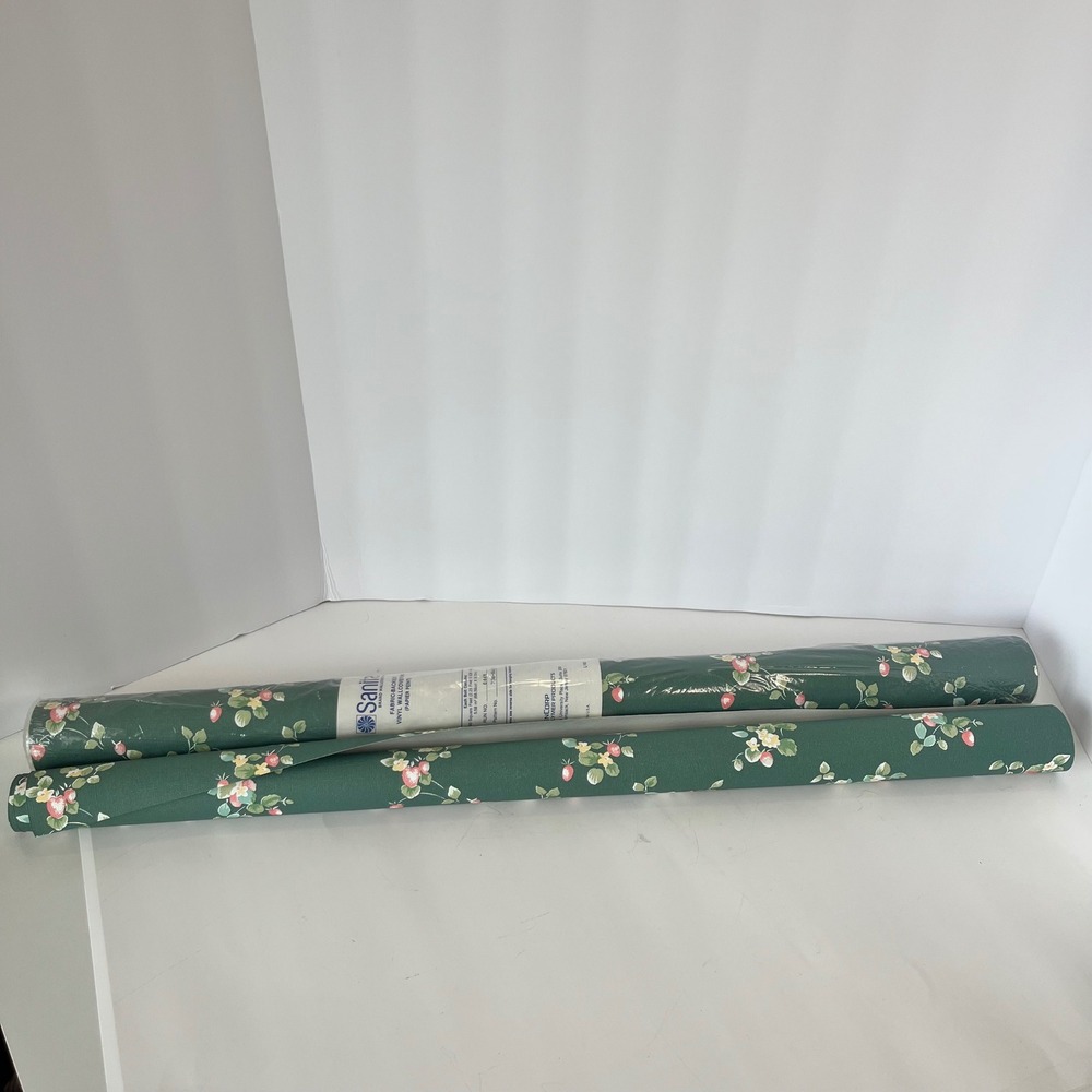 Vintage Sanitas Strawberry Floral Wallpaper Green Vinyl Fabric Backed 2 Rolls